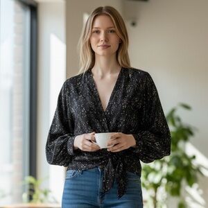 Elegant Black Blouse with Tie Detail